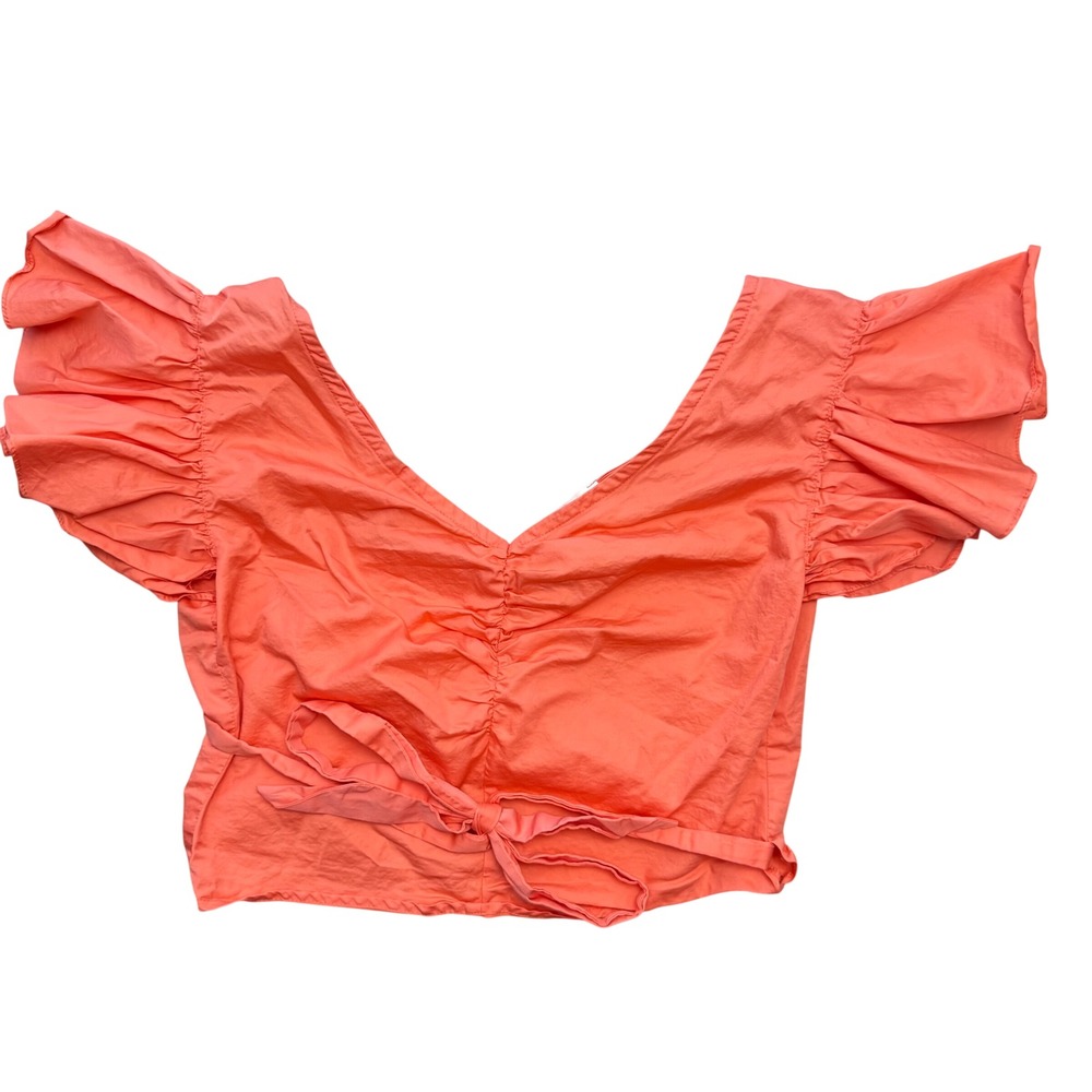 Kasia Women Crop Top‎ Wrap Large Coral Pink Ruffle Sleeve V-Neck Made in Greece